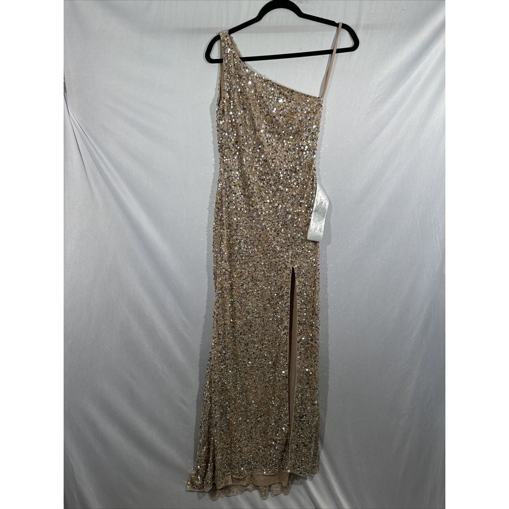 NEW $338 Mac‎ Duggal [ 0 ] Sequin One Shoulder Gown 10729  Nude Gold #S1145 - Picture 9 of 15